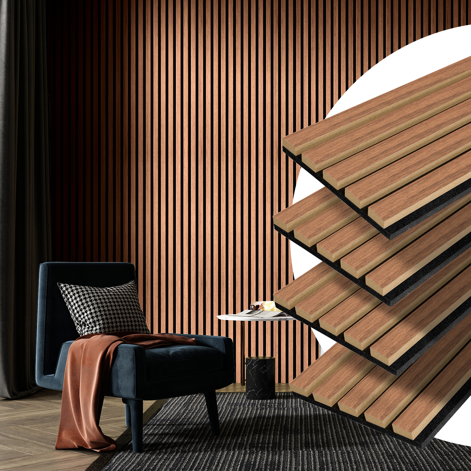 A31005-Art3d 4-Piece Wood Slat Acoustic Panels for Stylish Decor and Noise Reduction, 3D Textured Panel for Ceiling and Wall,Walnut